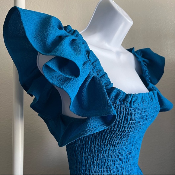 NWT Express Smocked Ruffle Off The Shoulder Dress- Size XS, Blue/Teal - Picture 8 of 11